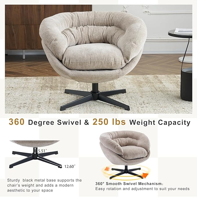 Upholstered 360° Swivel Club Chair/Accent Chair with Removable Cushion Round Office Chair with Black Metal Base Cotton Material Living Room Bedroom Reading Corner Office (Brown)