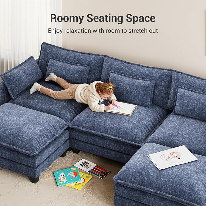 Pipishell 110.6 U-Shaped Modular Sectional Sofa 5-Seat Modern Chenille Deep Seat Comfy Cloud Couch with 2 Movable Ottoman &amp Throw Pillows for Living Room Bedroom and Apartment Blue
