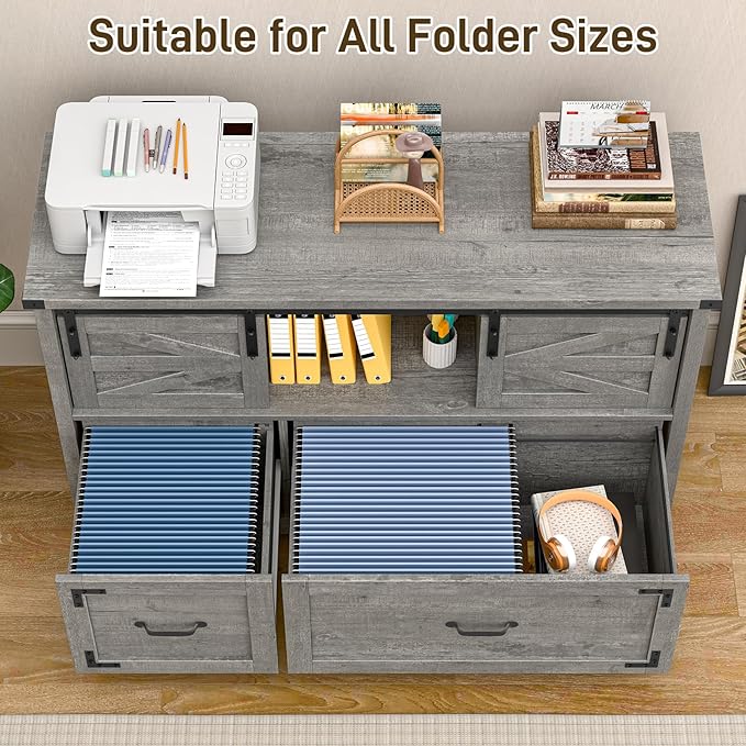 Vabches Lateral File Cabinets 2 Drawer with Sliding Barn Doors Farmhouse Filing Cabinet with 2 Drawer for Home OfficeFiling Organization Storage Cabinets for Hanging Files Letter/Legal/F4/A4.Grey