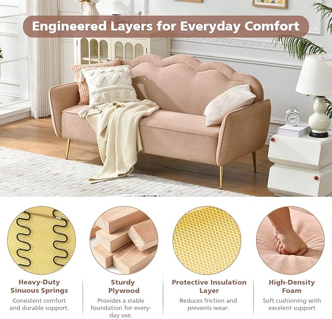 VELOCAVA 67 Loveseat Sofa Modern 2-Seater Upholstered Couch with Linen-Textured Fabric Curved Scalloped Back 7.87 Raised Legs for Living Room Apartment or Bedroom Pink