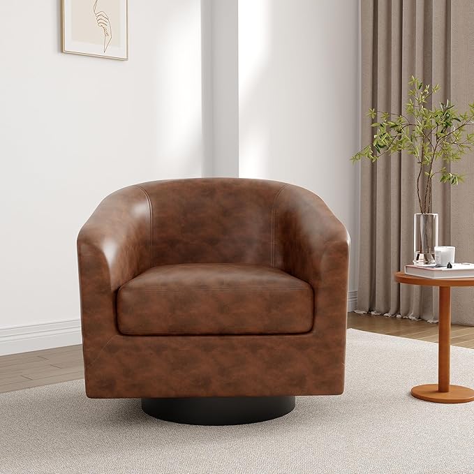 Lumibee Faux Leather Swivel Barrel Chairs Set of 2 Upholstered Comfy Round Swivel Accent Chair 360° Rotation Single Sofa Club Armchair for Living Room Reading Room Bedroom Coffee