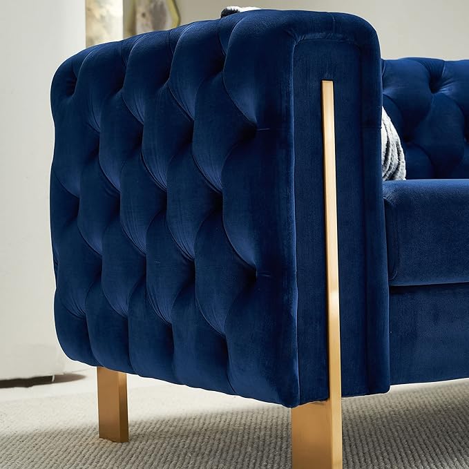 Chesterfield Modern Tufted Velvet Living Room Sofa with High Armrest and Metal Legs Decor 84.25''W 3 Seater Couch Couches Furniture for Bedroom Office (Blue)