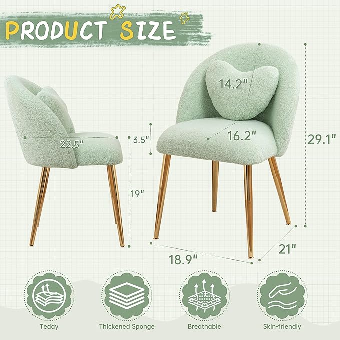 Vanity ChairAccent Makeup Comfy Cute Desk Girls Fluffy Chairs for Bedroom No Wheels Gold Metal Legs Stool (Teddy Green)