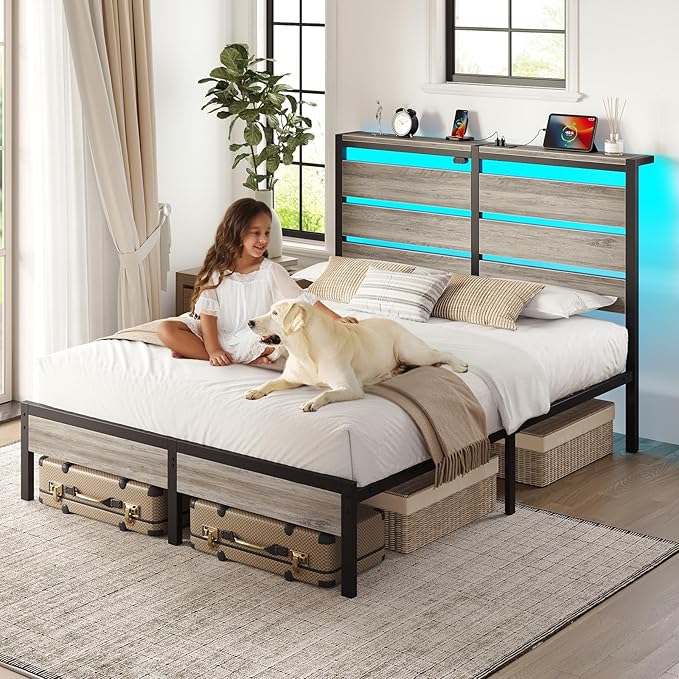 Rolanstar Queen Bed Frame with LED Lights and Charging Station Wood Storage Headboard and Under Bed Storage Metal Platform Noise Free No Box Spring Needed Grey