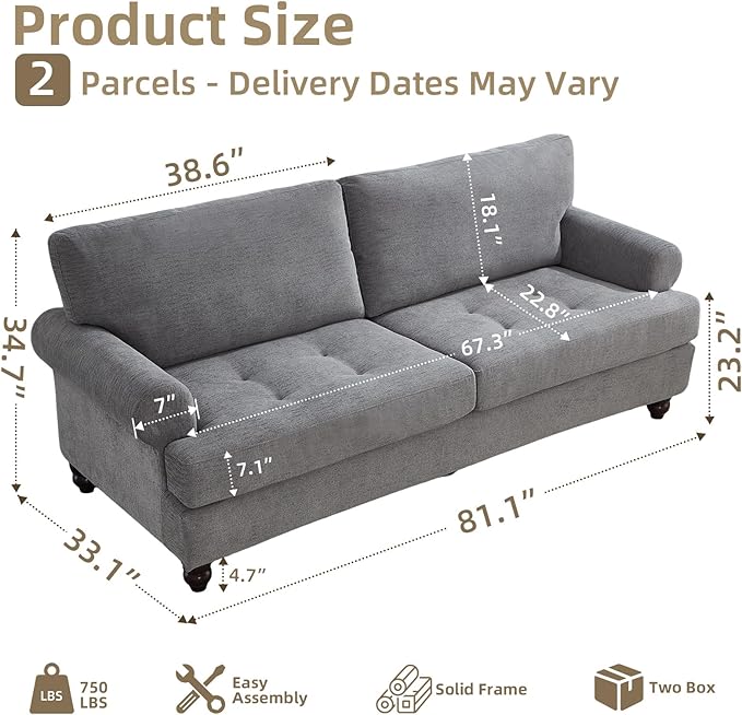 81” Sofa Couch with Storage Mid Century Modern Decor Loveseat Couches for Living Room Button Tufted Upholstered Small Couch for Bedroom Apartment (Gray)