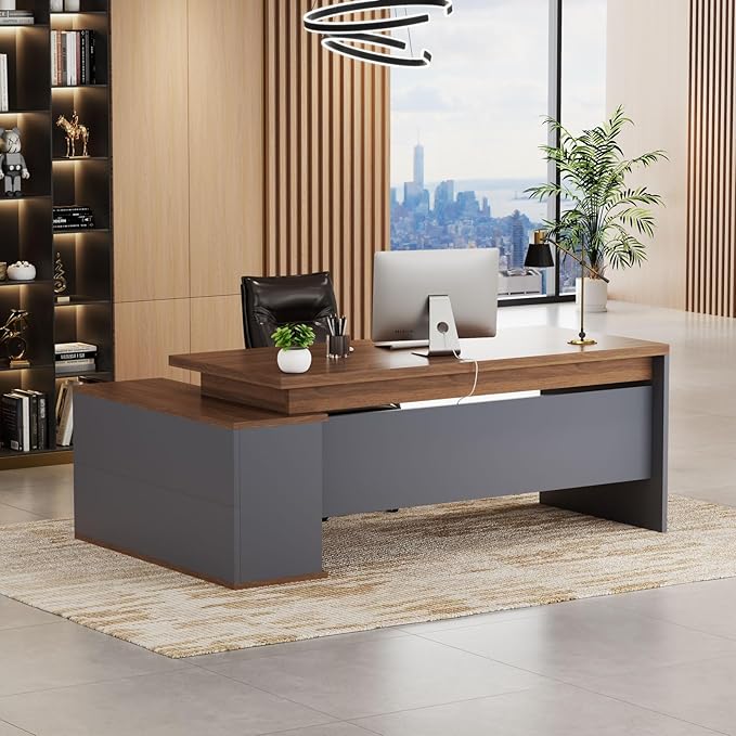 70.8 L-Shaped Executive Desk with File Drawers and Storage Cabinet Modern Large Office Desk Computer Workstation Walnut &amp Gray (Walnut &amp Gray 70.87IN)