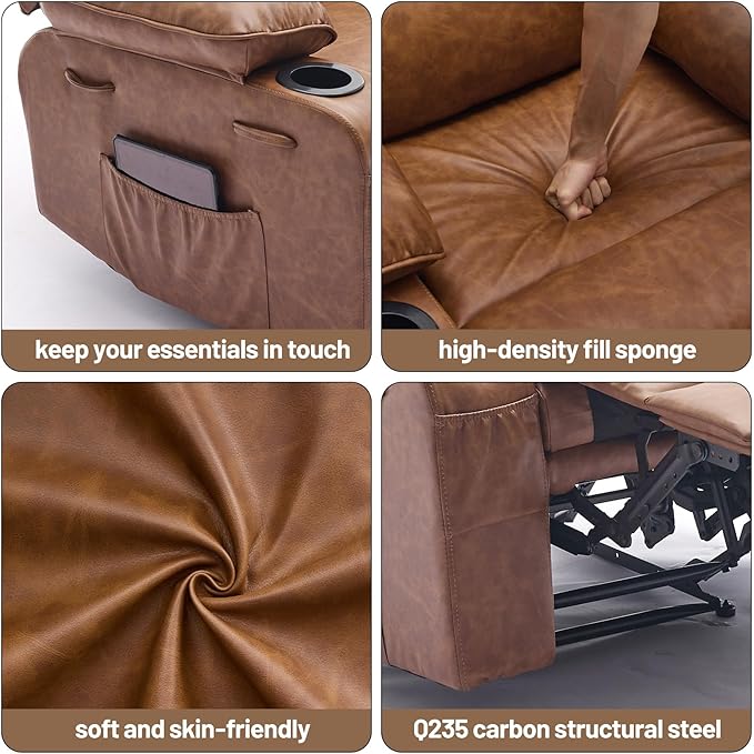 PU Leather Extra Wide Manual Recliner Chair for Adults with Massage &amp Heat Oversized Lazy Recliner with 1.5X Thick Sponge Comfort for Living Room BedroomBrown