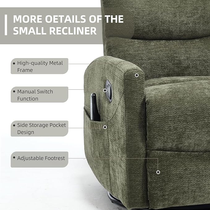 PELUMY 360° Swivel Rocker Recliner with Heat &amp Vibration Massage Glider Rocking Chair for Adults Compact Recliner for Living Room Small Spaces Nursery Bedroom (Chenille Green)