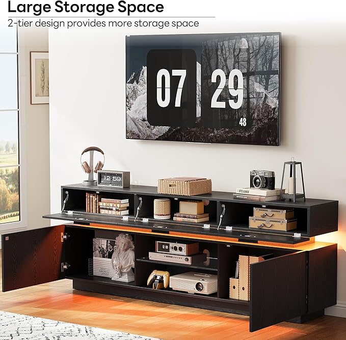 LIKIMIO Black TV Stand for TVs 85 inch Entertainment Center with Power Outlets &amp LED Lights TV Media Console Table with Cabinets Drawers and Open Storage Shelves Modern TV Stand for Living Roo