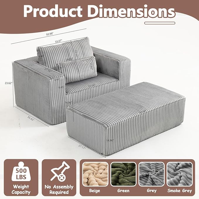 51” Oversized Boneless Chair with Ottoman Big Comfy Accent Chair with Ottoman for Living Room Cloud Chaise Lounge Chair Indoor Plush Pillows|Corduroy (Grey)