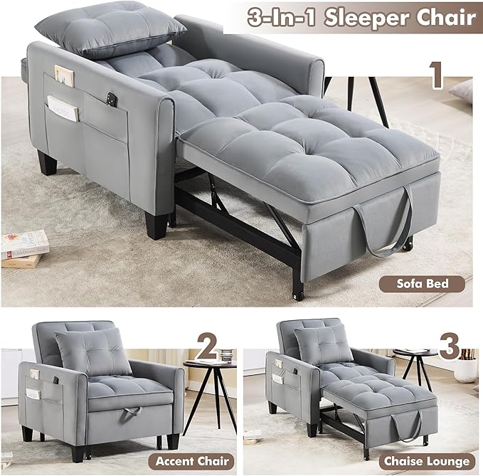 Convertible Sleeper Chair 3 in 1 Sleeper Chair Bed Velvet Pull Out Sofa Bed Chairs Single Sofa Beds with Adjustable Backrest for Adults Reading Living Room Bedroom Dark Grey