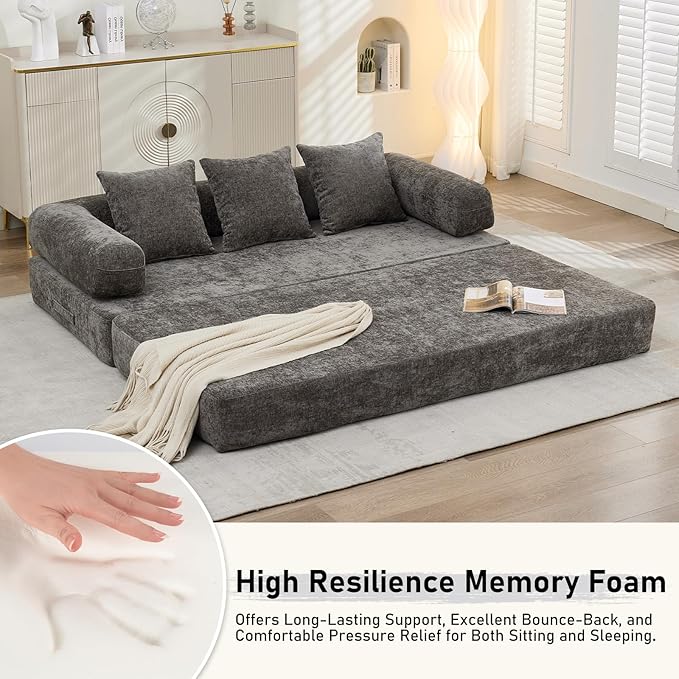 4 in-1 Folding Convertible Sofa Bed78.8 Folding Floor Mattress Couch Comfy Chenille Boneless Couch Lounge Loveseat with Pull Out Bed No Assembly (Light Grey)