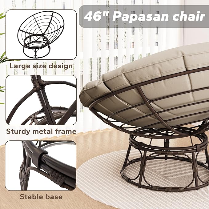 46'' Large Size Papasan Chair (Non-Swivel) with Cushion and Frame Lazy Circle Round Chair for Bedroom and Living Room Beige