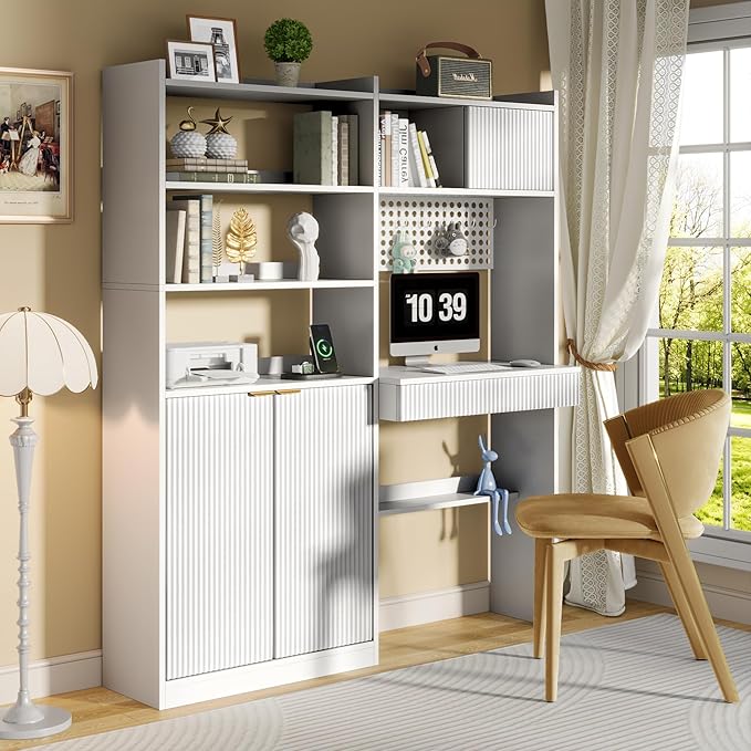 63 Tall Computer Desk with Hutch Fluted Wood Computer Desk Featuring Charging Station Drawer and Storage Cabinet for Home Office Work and Study (White)