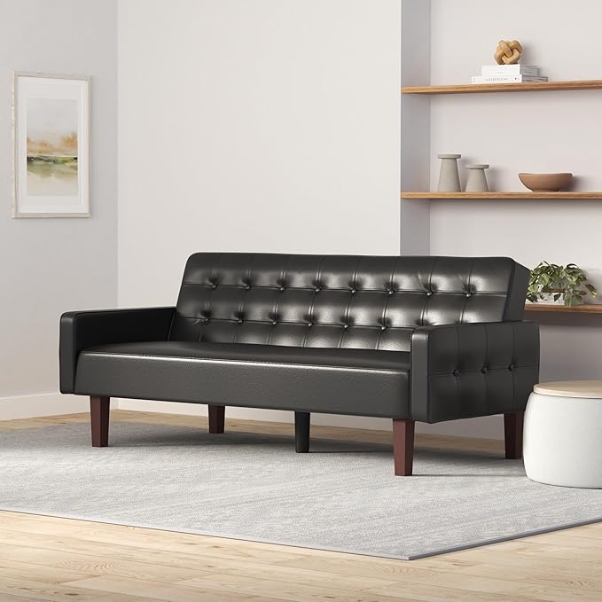 mikibama PU Faux Leather Futon Sofa Couch Upholstered Convertible Sleeper Sofa Bed Futons Modern Tufted 3 Seater Sofa Bed Couch for Living Room Apartment Small Spaces with Solid Wood Legs