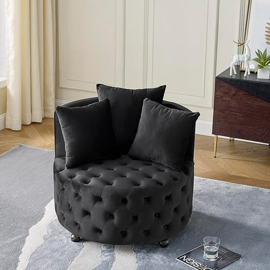 Anwick Velvet Swivel Barrel ChairModern Upholstered Accent Chair with WheelsLarge Single Sofa Chair for Living Room Club Bedroom Home Office (Black+Velvet)