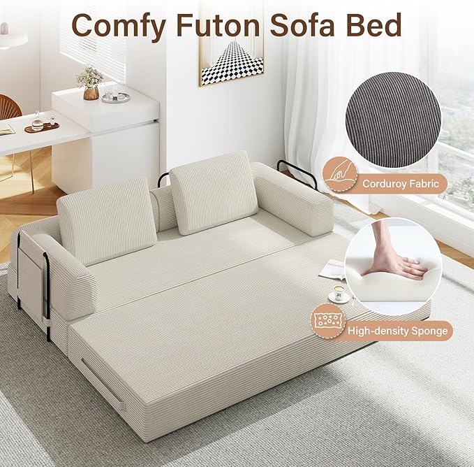 78'' Sleeper Couch Bed for Living Room Convertible Modular Sofa with Fixed Frame &amp Side Pocket Corduroy Futon Boneless Couches in a Box No Assembly Beige