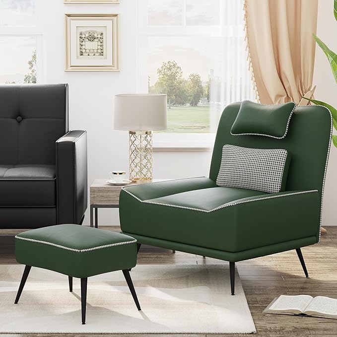 ALISH Modern Accent Chair with Ottoman Upholstered Chair and Ottoman Set Comfort Single Sofa Chair with Removeable Cushion for Living Room Bedroom(Green)