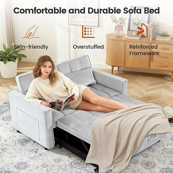 Convertible Sofa Bed Pull Out Sofa Bed with Adjustable Backrest 3 in 1 Velvet Fabric Loveseat Sleeper Sofa Bed Couch with Side Pockets for Living Room Bedroom Apartment Light Gray
