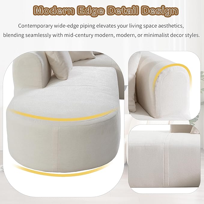 Modern L-Shaped Sofa Couch Stylish Chenille Corner Sofa for Living Room Curved Seat with Wide Stitching Four Comfortable Cushions Perfect for Living Room Bedroom and Office (Beige/367)