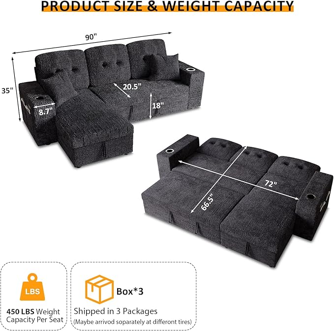 90 Inch Sleeper Sofa Bed 4 in 1 Pull Out Couch Bed with Adjustable Backrest | Reversible Storage Chaise | Wide Armrest | Tool Free Assembly Sectional Couches for Living Room Black Chenille