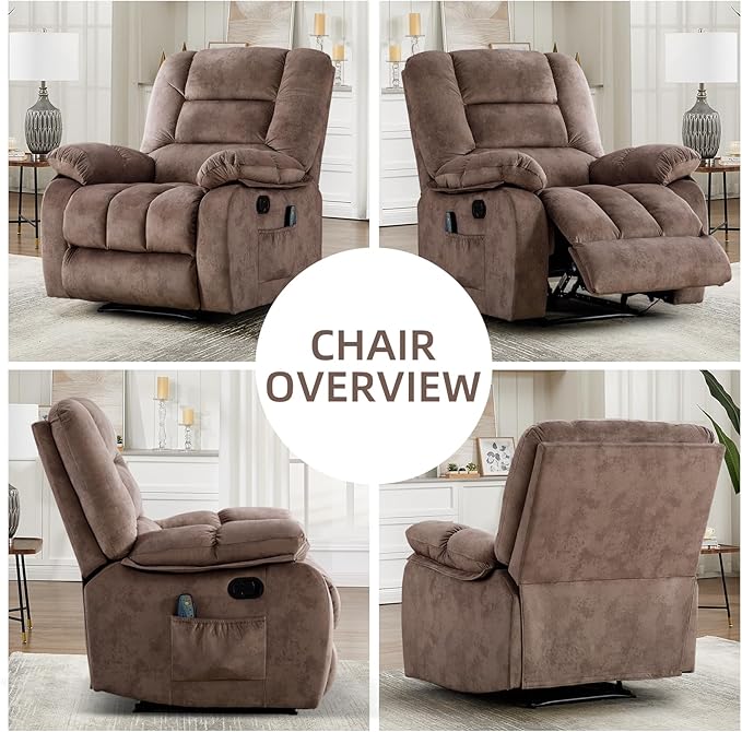 EBELLO Massage Recliner Chair with Vibration Massage and Heat Soft Fabric Overstuffed Manual Reclining Sofa Chair for Living Room with Side Pocket Light Brown