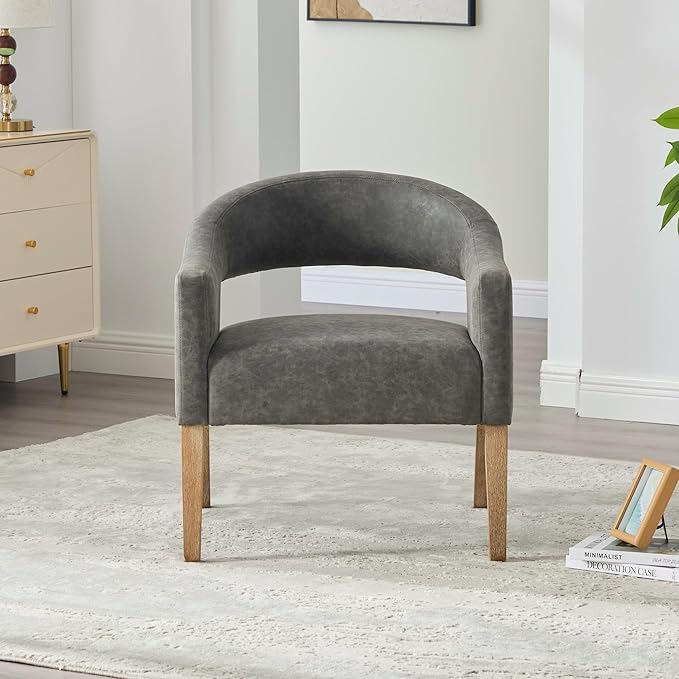 Modern Accent Chair Upholstered PU Leather Barrel Armchairs with Rubberwood Legs Comfy Lounge Arm Chair Hollow-Out Side Club Chair for Living Room Bedroom Office (Gray-Wide)