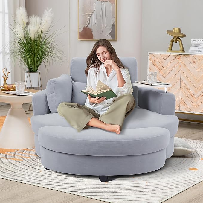 51'' Accent Swivel Barrel Chair with Storage OttomanModern Oversize Round Swivel Leisure Arm Chair with TrayPillowCorduroy Fabric for Living RoomHotelClub Lounge Grey