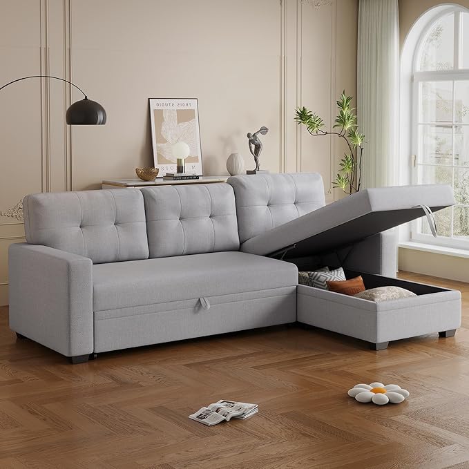 Linen Upholstered Pull Out Sectional Sofa with Storage ChaiseCouch W/ Removable Back CushionsCan Be Converted Into a Twin Size Sleeperfor Living RoomApartmentOfficeLight Gray