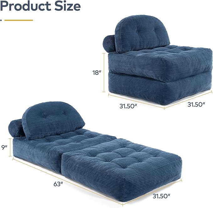 Folding Sofa Bed Convertible Sleeper Chair with Pillow Foldable Mattress with Back Support Portable Fold Out Chair Bed Comfy Floor Sofa Lounge for Living Room Bedroom