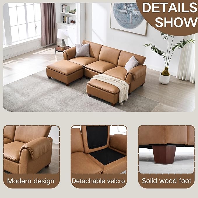 97 Inches Cloud Modular Sectional Sofa 3 Seater Faux Leather Couch Modern Convertible Comfortable Sofa Couch for Living Room/Apartment PU Brown