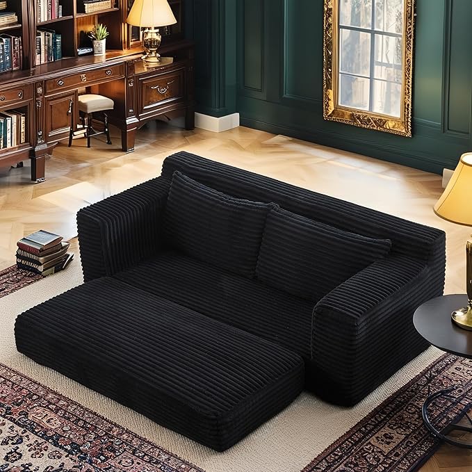 70 Convertible 2-in-1 Loveseat Sofa Sleeper Sofa Bed with Memory Foam &amp Floor 2-Seater Couch Comfy Corduroy Deep Seat Couch for Living Room Apartments Office No Assembly RequiredBlack