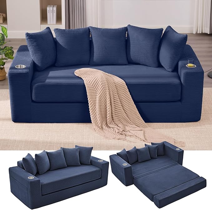 Anwick 2-in-1 Convertible Sleeper Sofa Bed Corduroy Boneless Loveseat Cloud Couch for Living Room Compressed Sofa in a Box 5 Pillows Fixed Frames Side Pockets &amp Cup Holders No Assembly (Blue