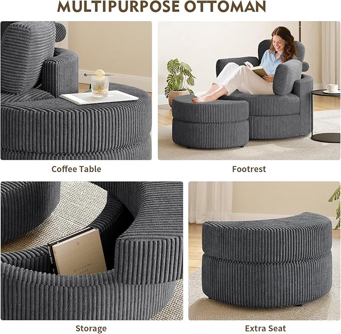 MEISSALIVVE Swivel Accent Chair with Half Moon Ottoman Round Chairs with Drawer Storage for Living Room 360° Barrel Chair with USB Charging Port (Dark Grey Corduroy)