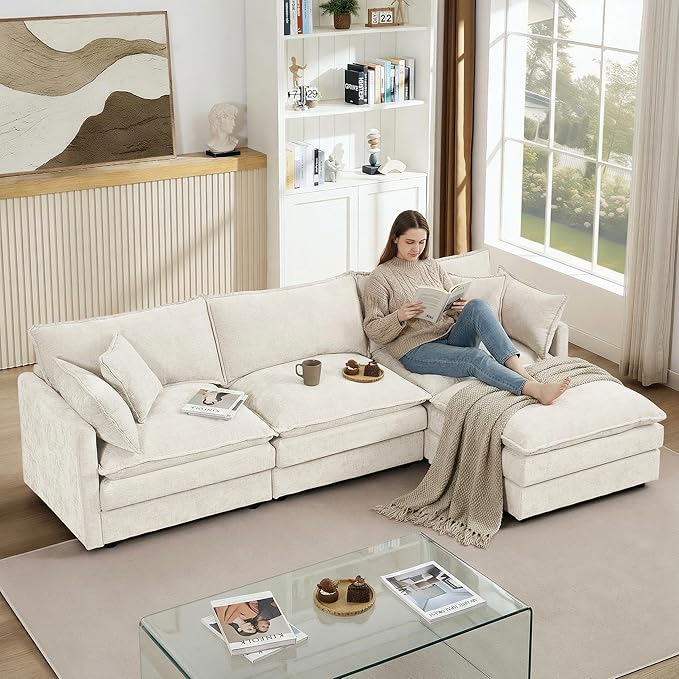 Homy Casa 102 Inch L Shaped Couch Set3-Seat Sectional Sofa with Chaise Comfortable Chenille Fabric Removable Cushions Ottoman DIY CombinationModern Design for Living/Family Room – Beige