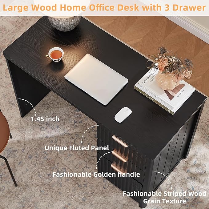 LEYAOYAO Office Desk 48 with 3 Drawers Storage File Cabinet Wood Fluted Desk for Computer Office Bedroom Home Furniture Black