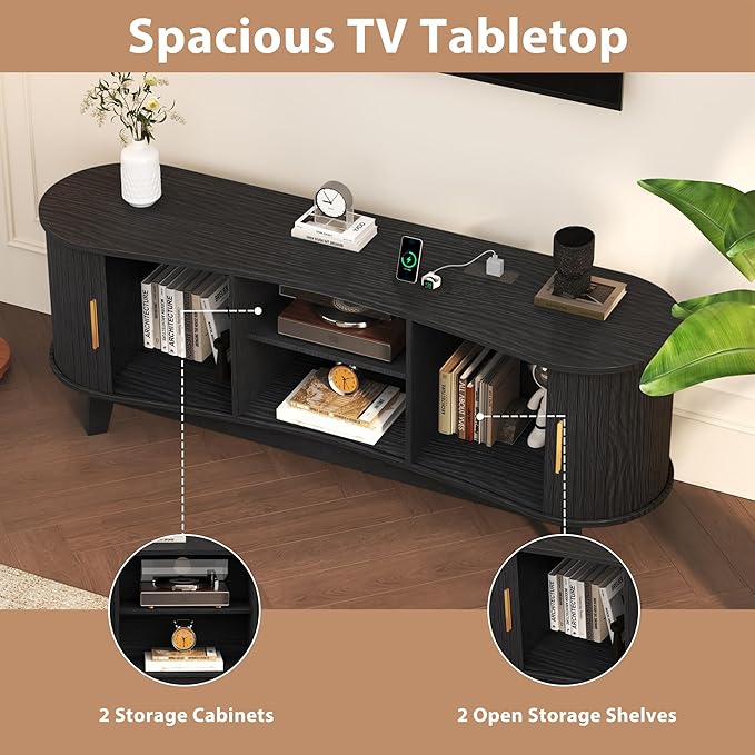 Mid Century Modern TV Stand for 65 Inch TVs Fluted TV Stands with Open Shelves and Sliding Door Media Cabinet with Power Outlet Entertainment Center with Storage for Living Room Black