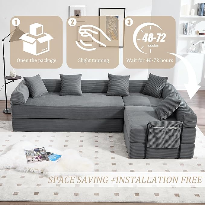 106 Oversized Convertible Sleeper Sofa Bed Corduroy L Shape Sectional Couch Folding Sofa Bed with Side Pocket Modern Cloud Floor Mattress Couch Modular Sofa for Living Room Gray