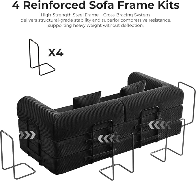 79'' Convertible Sofa Bed 5-in-1 Folding Corduroy Sleeper Couch with Pull Out Bed Oversized Modular Floor Sofa No Assembly Space-Saving Guest Bed for Apartment Living Room Bedroom (Black) | Conver