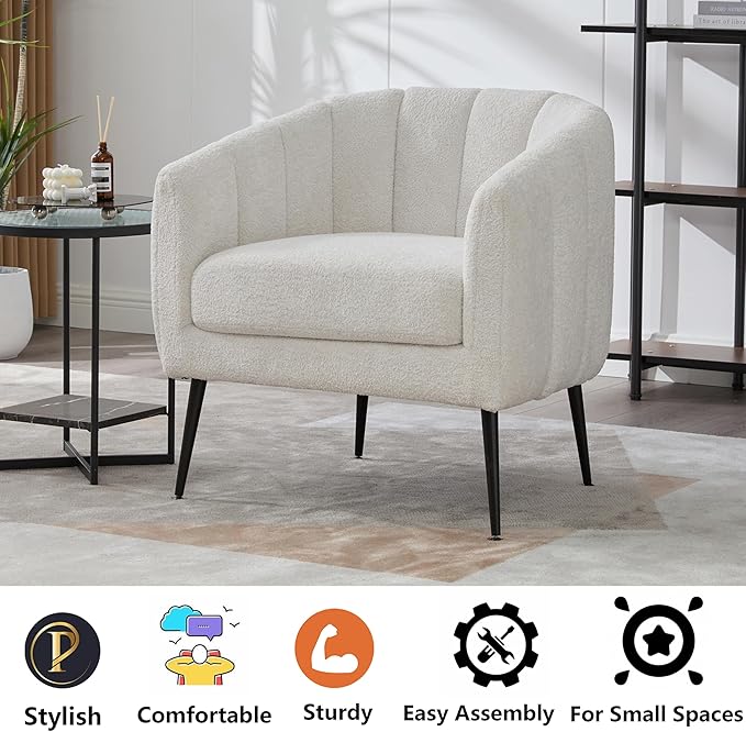 29.9 Chenille Upholstered Barrel Accent Chairs for Living RoomMid Century Modern Fuzzy Round Armchair with Metal LegsChannel Tufted Club Chair with Scoop Arms (Chenille Ivory Armchair)