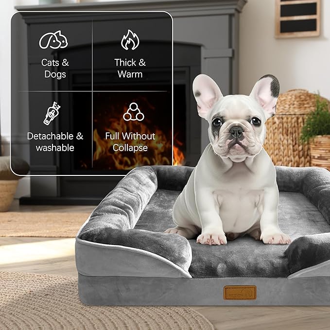 Orthopedic Dog Bed with Sides - Dog Sofa Beds for Medium Dogs Supportive Foam Pet Couch Bed with Washable Removable Cover Waterproof Lining and Non-Slip Bottom Grey - M