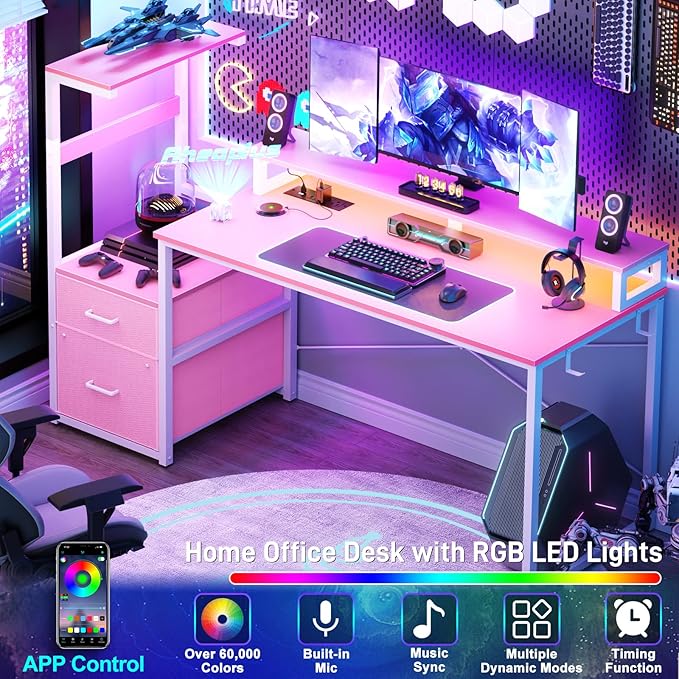 Aheaplus Gaming Desk with LED Strip &amp Power Outlet 59Inch Reversible Computer Desk with Monitor Stand &amp Storage Shelves Home Office Desks with Fabric File Drawer Gamer Table PC Desk Pink