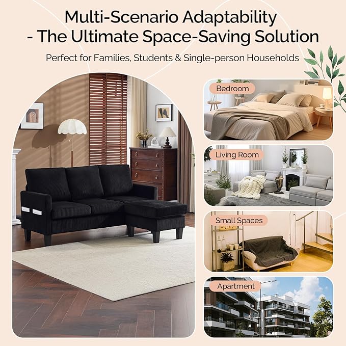 VINGLI 68.5' L Shaped Couch with Movable Storage Convertible Sectional Sofa in Corduroy Fabric Modern Reversible Chaise Couch for Small Spaces Apartment Living RoomBlack
