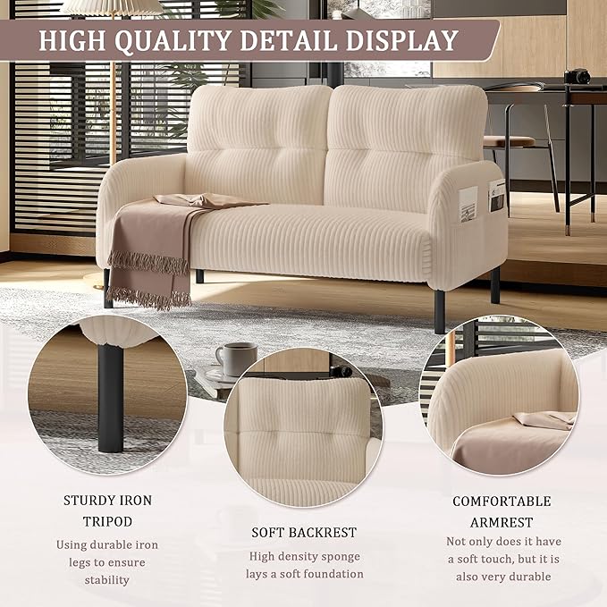 Loveseat Sofa 47” Small Sofa Couch for Living Room Comfy Corduroy Fabric Love Seat for Bedroom with Throw PillowRemovable Cushion CoverCouches for Small SpaceApartmentDorm (Beige) | suitable for
