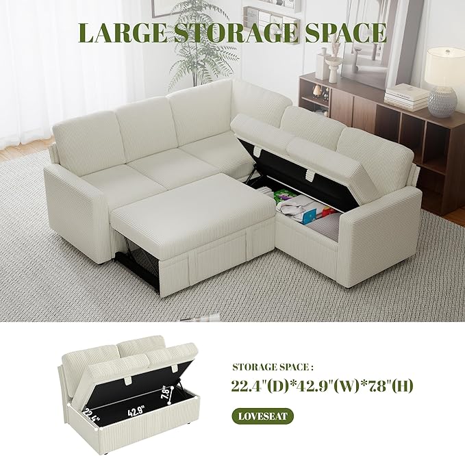 Corduroy L Shaped Sofa Set for Living Room5 Seater Modular Sectional Sofa Couch with StorageModern Corner Couch BedConvertibe Pullout Sleeper Sofas for Bedroom (Corduroy Beige 5 Seater)
