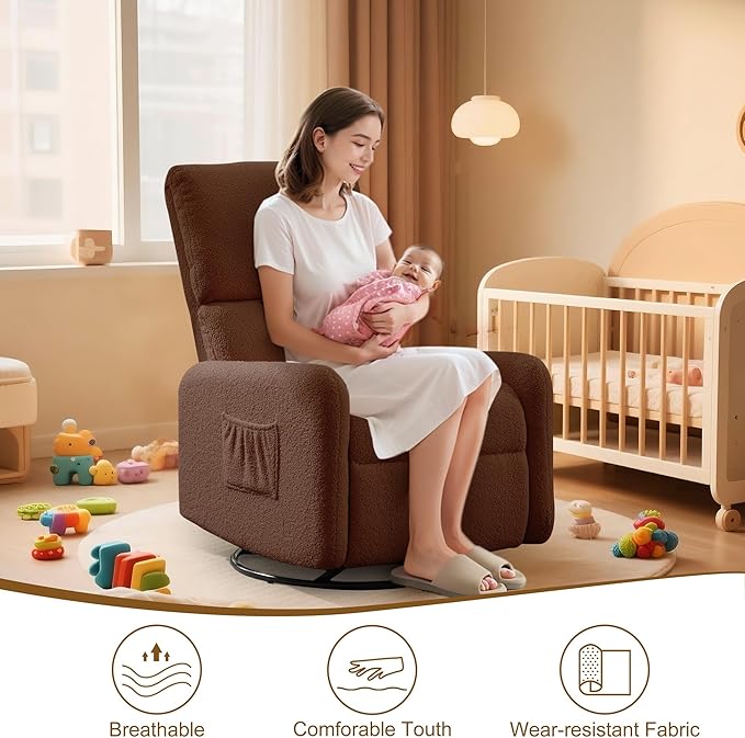 360° Rocking Chair Nursery Rocker Chair with Side Pockets Glider Nursing Chair with Steel Structure Base Small Chair for Small Spaces Sherpa Swivel Accent Chairs for Living Room Nursing