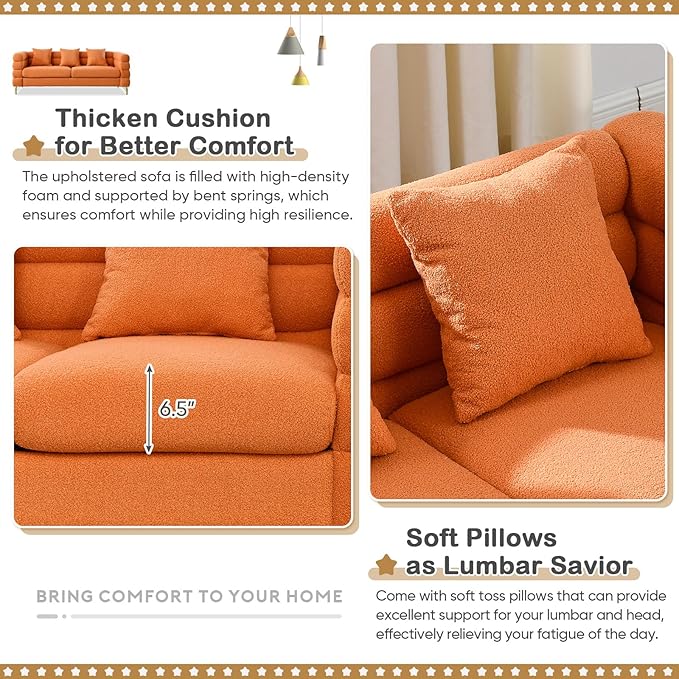 Antetek L-Shaped Sectional Couches Modern Teddy Fabric Upholstered Chaise Lounge Sofa Couch with Square Arm and 4 Golden Metal Legs for Living Room Office Orange