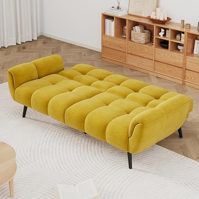 Convertible Futon Sofa Bed 76.77 Modern Linen Futon Couch Comfy Sleeper Sofa with Adjustable Backrests Couch Bed for Small Spaces Living Room Bedroom Apartment Yellow