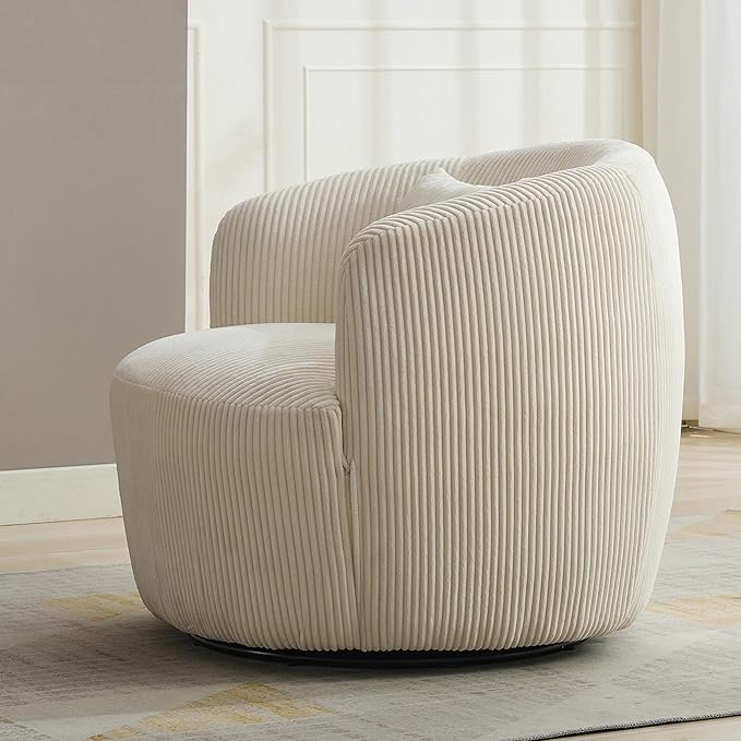 34.25 Swivel Barrel Chair Round Accent Barrel Chair Modern Wide Armchair Upholstered Corduroy Lounge Comfortable Sitting Single Seat Rotating Base for Living Room Office Chair Ivory