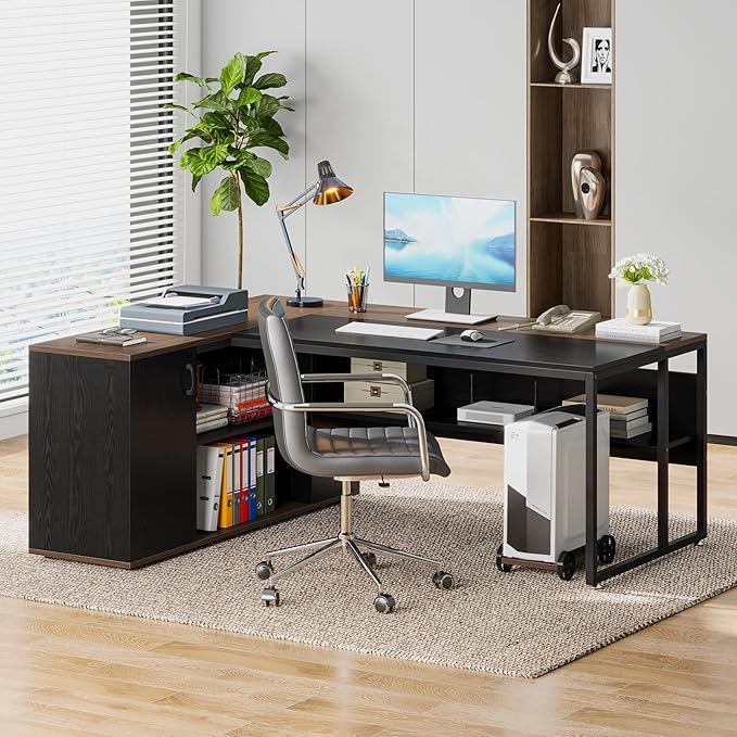 Tribesigns 71 inch Executive Desk L Shaped Desk with Cabinet Storage Executive Office Desk with Shelves Business Furniture Workstation for Home Office Black and Brown